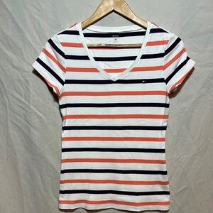 Tommy Hilfiger Women's Short Sleeve Striped Tee - White, Coral, and Navy